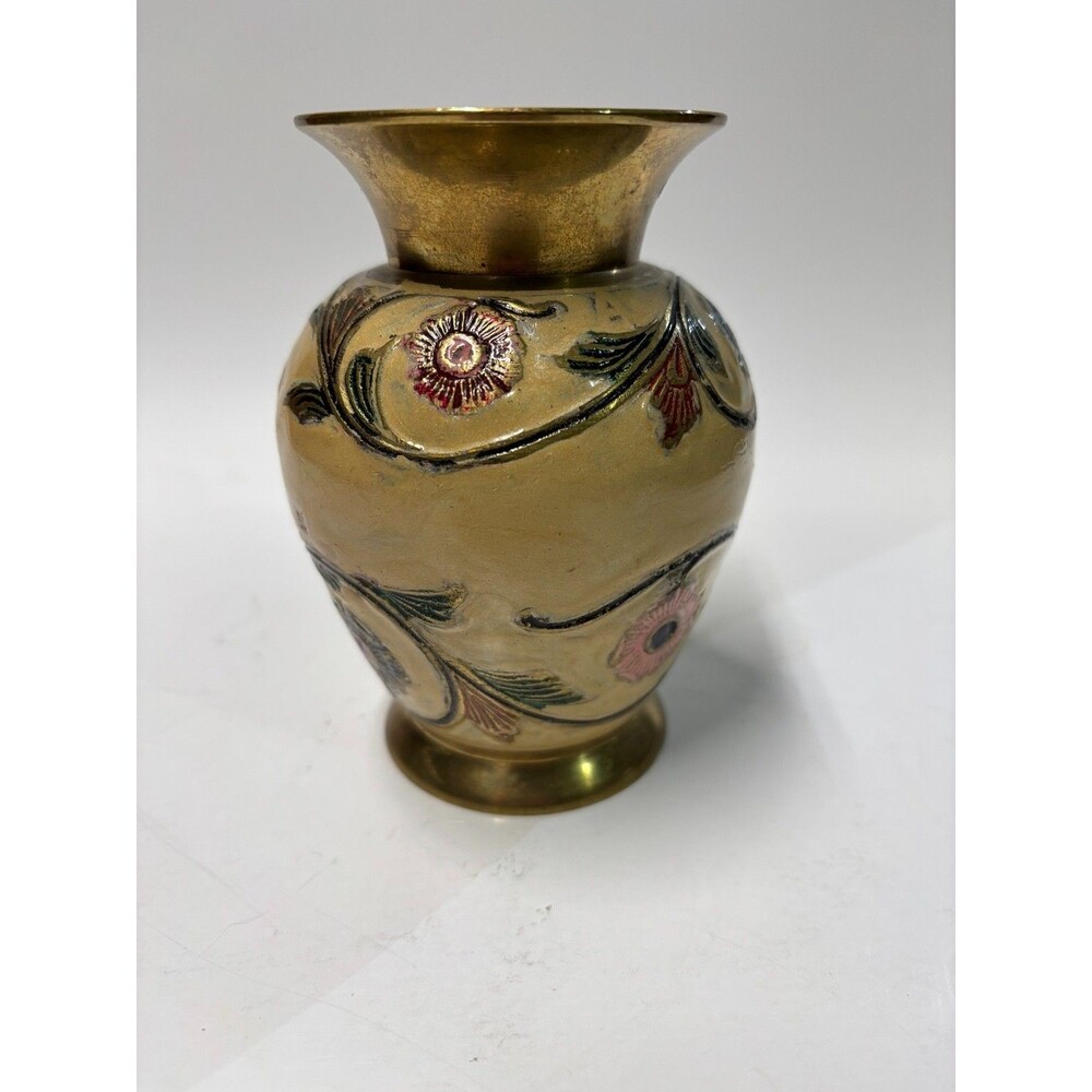 Vintage Brass Enamel Floral Vase Hand Painted India Etched Gold Tone 5" Bud Vase